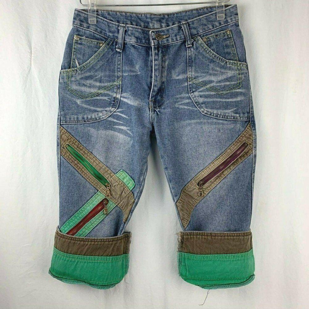 Wear Jeans 28 Med Wash Capri 6 Pocket Zipper Cuffed Color Blocked Button Zip Fly